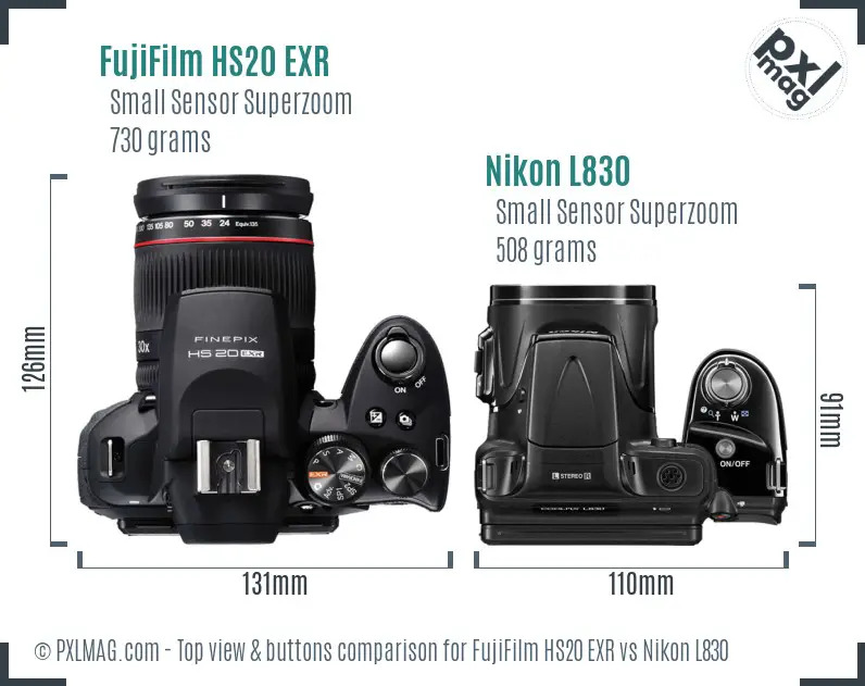 FujiFilm HS20 EXR vs Nikon L830 top view buttons comparison