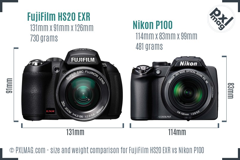 FujiFilm HS20 EXR vs Nikon P100 size comparison