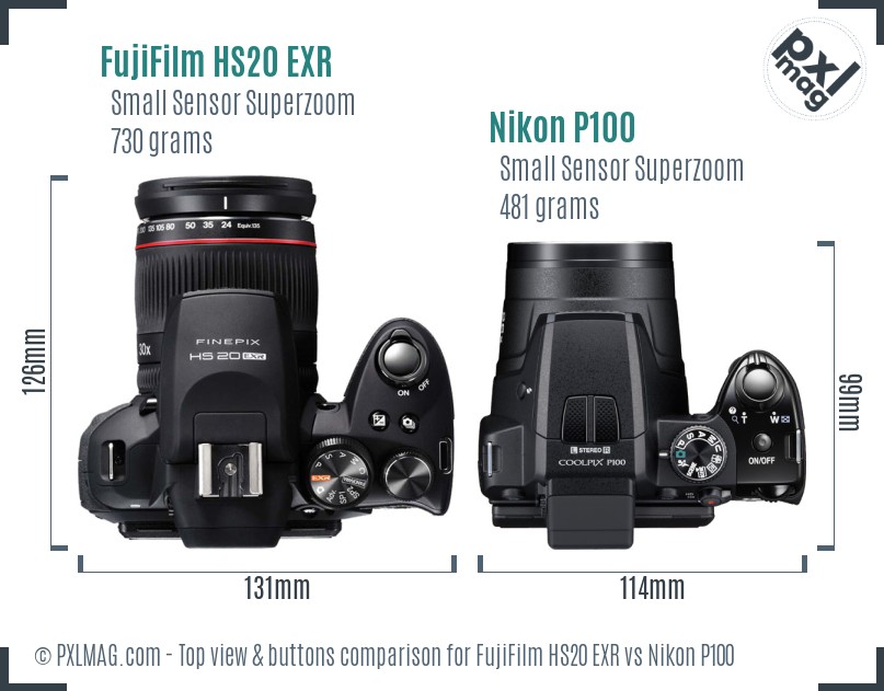 FujiFilm HS20 EXR vs Nikon P100 top view buttons comparison