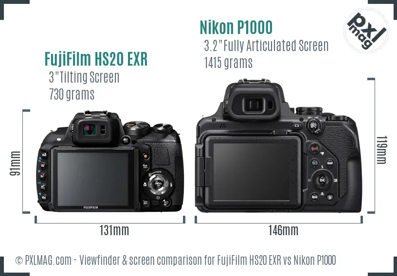 FujiFilm HS20 EXR vs Nikon P1000 Screen and Viewfinder comparison