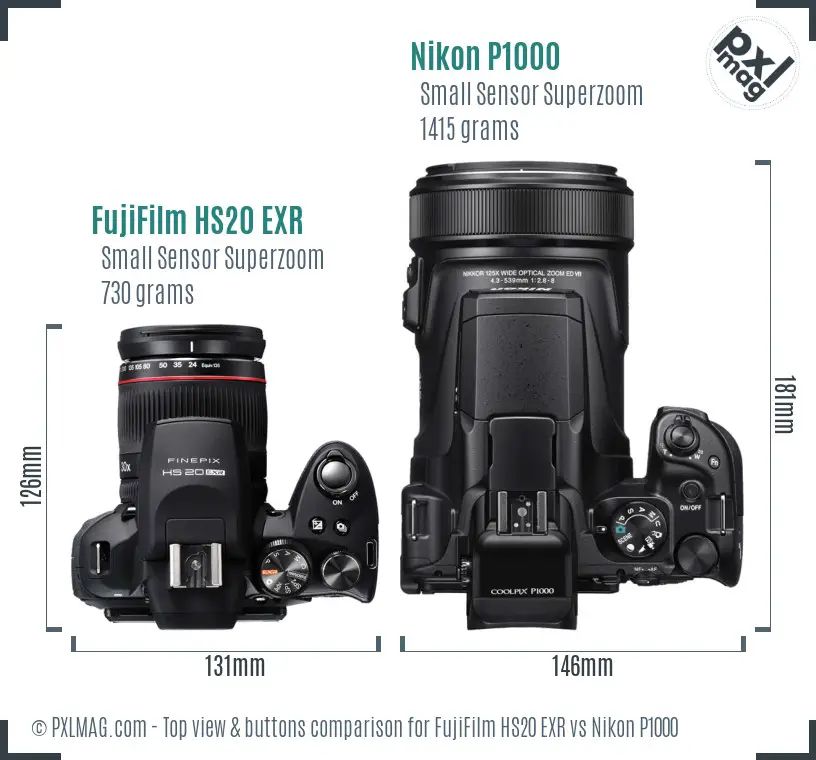 FujiFilm HS20 EXR vs Nikon P1000 top view buttons comparison
