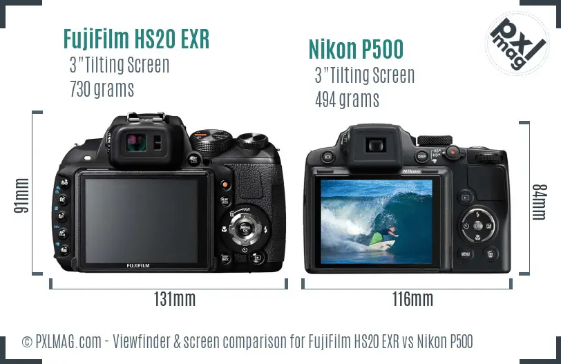 FujiFilm HS20 EXR vs Nikon P500 Screen and Viewfinder comparison