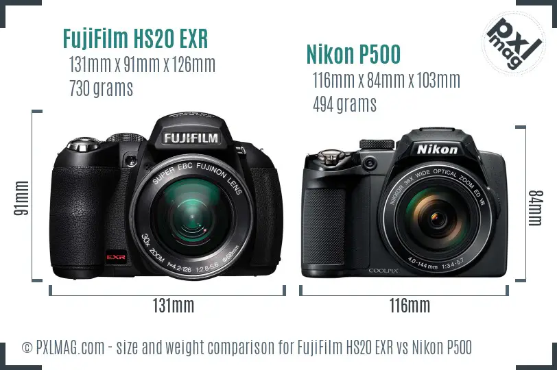 FujiFilm HS20 EXR vs Nikon P500 size comparison
