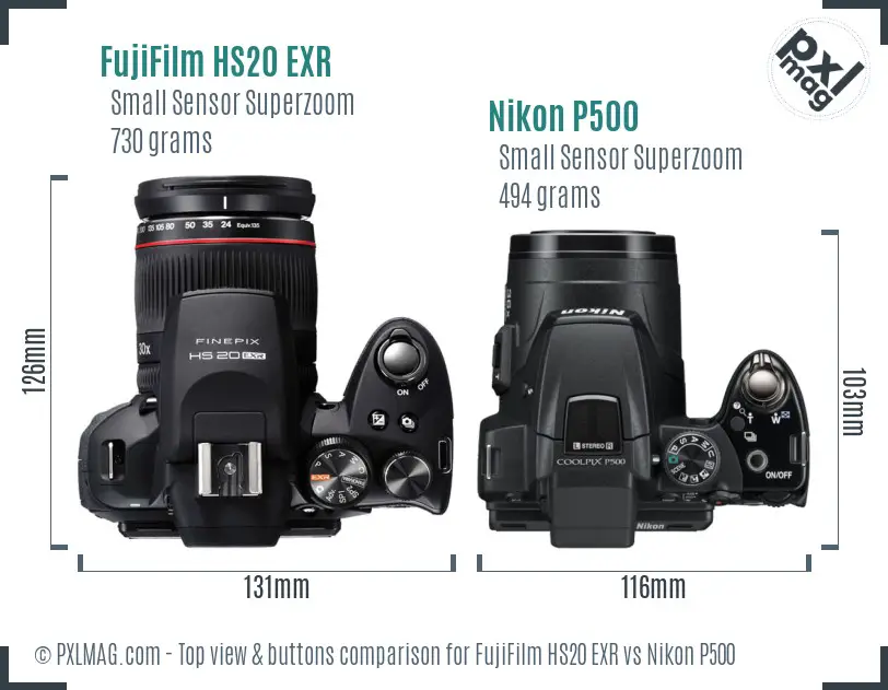 FujiFilm HS20 EXR vs Nikon P500 top view buttons comparison