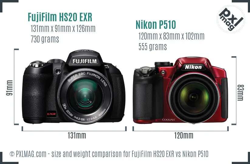 FujiFilm HS20 EXR vs Nikon P510 size comparison