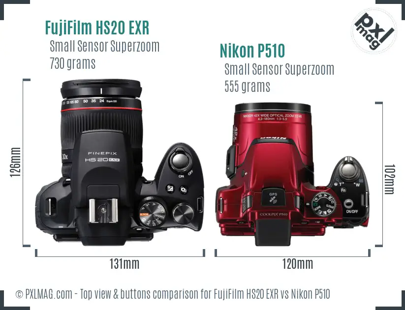 FujiFilm HS20 EXR vs Nikon P510 top view buttons comparison