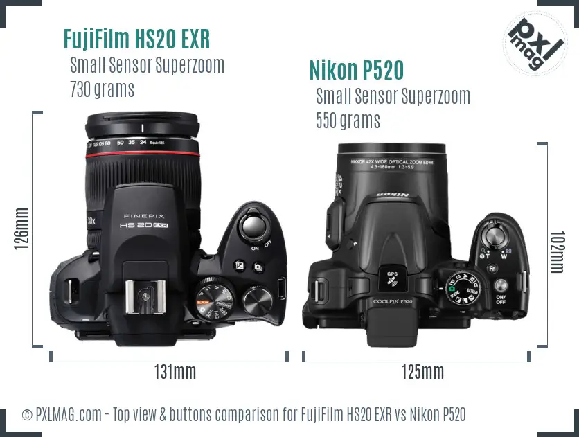 FujiFilm HS20 EXR vs Nikon P520 top view buttons comparison