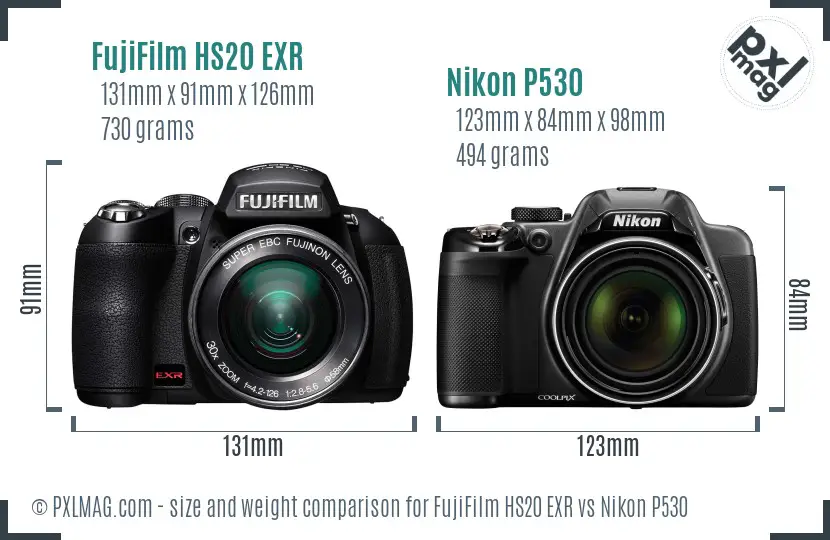 FujiFilm HS20 EXR vs Nikon P530 size comparison