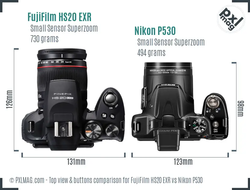 FujiFilm HS20 EXR vs Nikon P530 top view buttons comparison