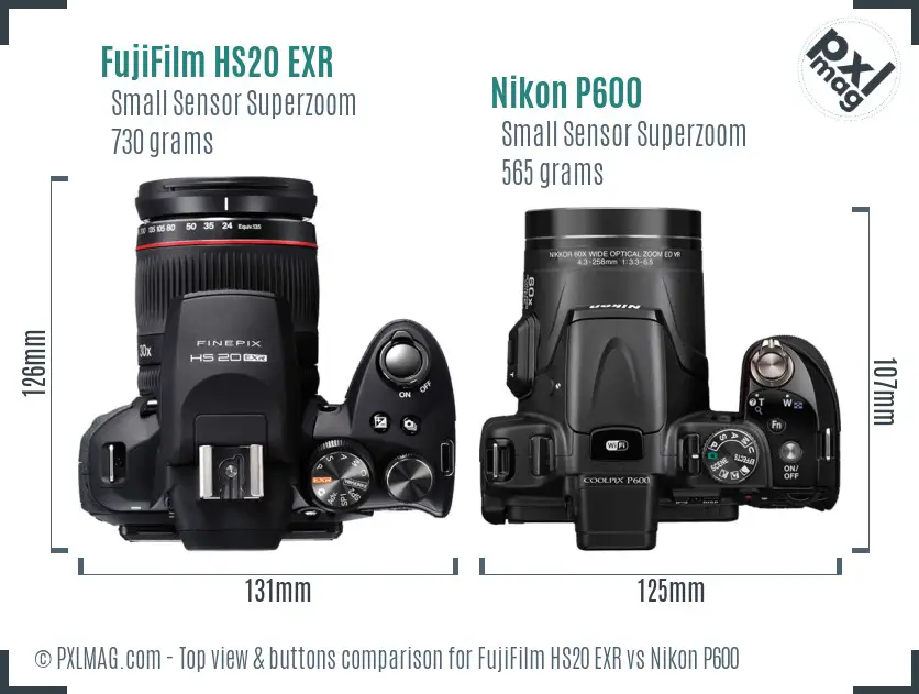 FujiFilm HS20 EXR vs Nikon P600 top view buttons comparison FujiFilm HS20 EXR vs Nikon P600 top view buttons comparison