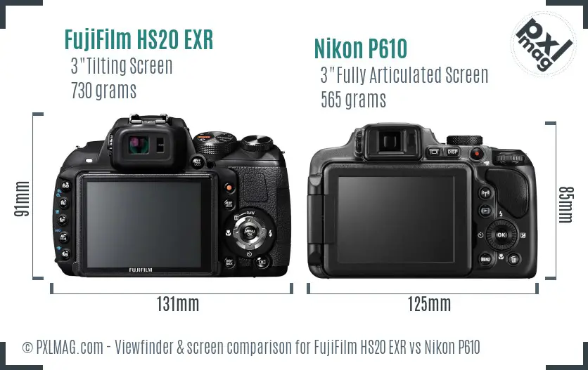 FujiFilm HS20 EXR vs Nikon P610 Screen and Viewfinder comparison
