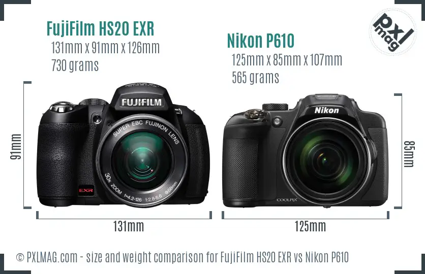 FujiFilm HS20 EXR vs Nikon P610 size comparison