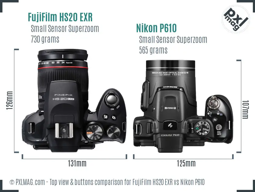 FujiFilm HS20 EXR vs Nikon P610 top view buttons comparison