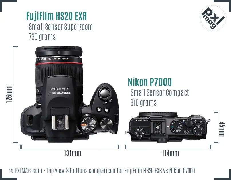 FujiFilm HS20 EXR vs Nikon P7000 top view buttons comparison FujiFilm HS20 EXR vs Nikon P7000 top view buttons comparison