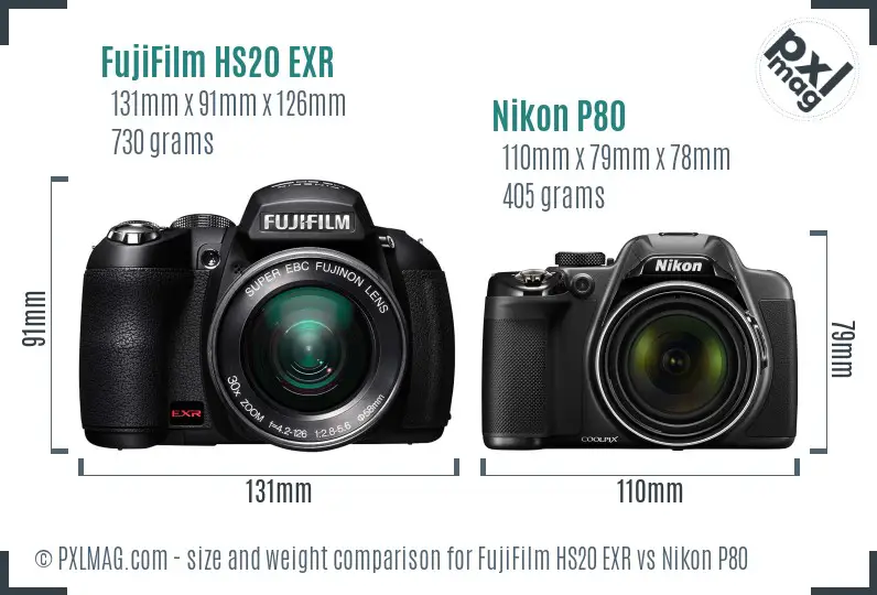 FujiFilm HS20 EXR vs Nikon P80 size comparison