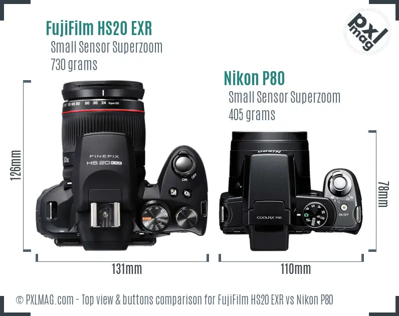 FujiFilm HS20 EXR vs Nikon P80 top view buttons comparison
