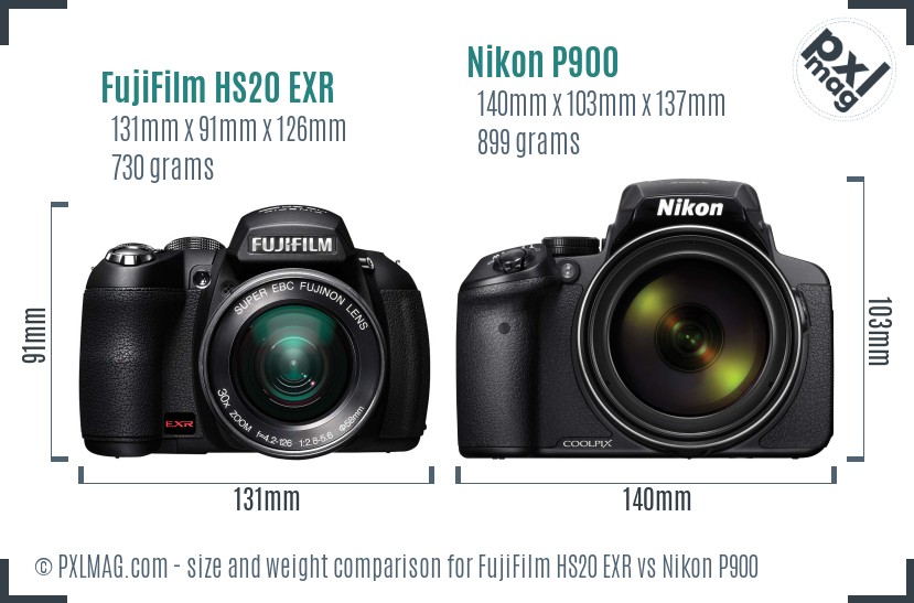 FujiFilm HS20 EXR vs Nikon P900 size comparison
