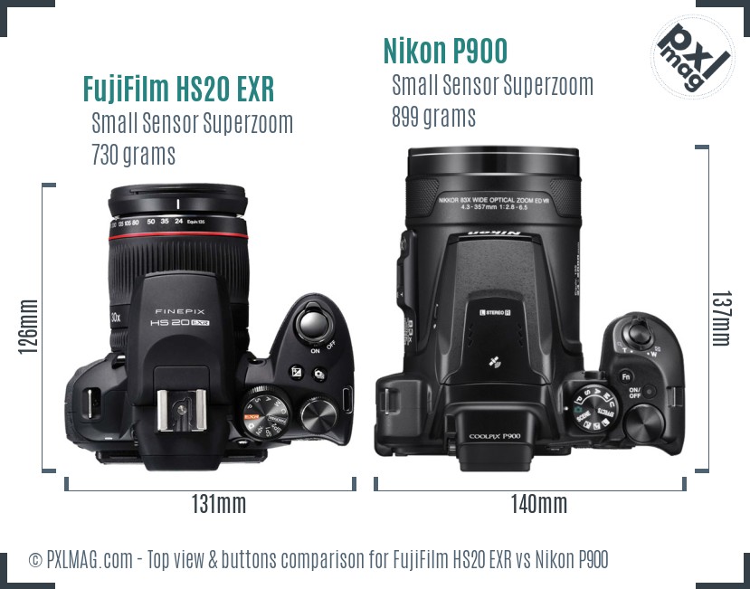 FujiFilm HS20 EXR vs Nikon P900 top view buttons comparison