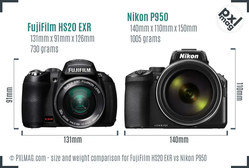 FujiFilm HS20 EXR vs Nikon P950 size comparison