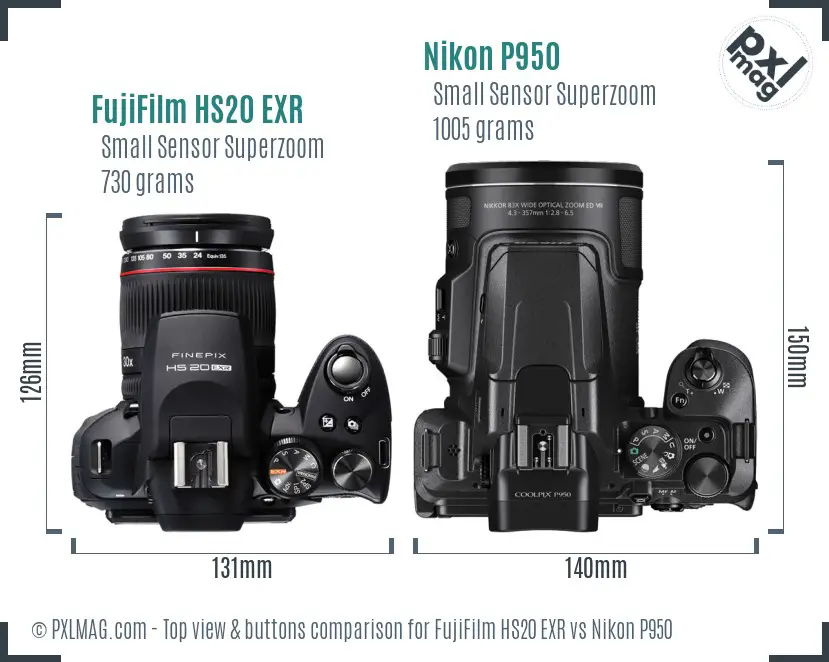 FujiFilm HS20 EXR vs Nikon P950 top view buttons comparison