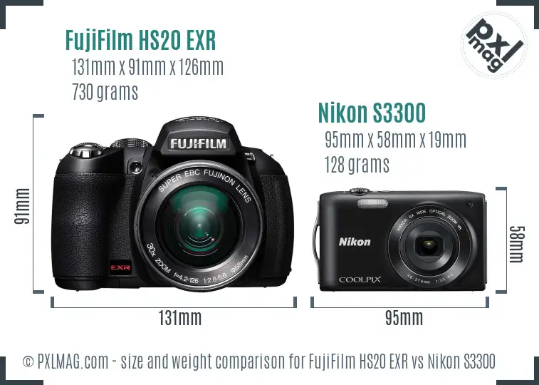 FujiFilm HS20 EXR vs Nikon S3300 size comparison