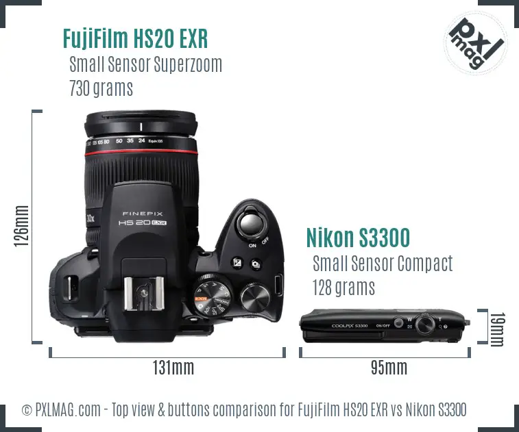 FujiFilm HS20 EXR vs Nikon S3300 top view buttons comparison