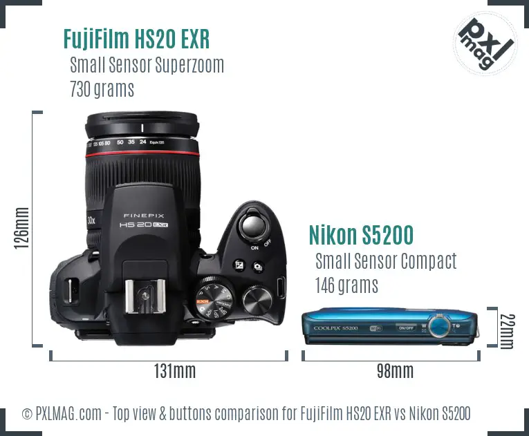 FujiFilm HS20 EXR vs Nikon S5200 top view buttons comparison FujiFilm HS20 EXR vs Nikon S5200 top view buttons comparison