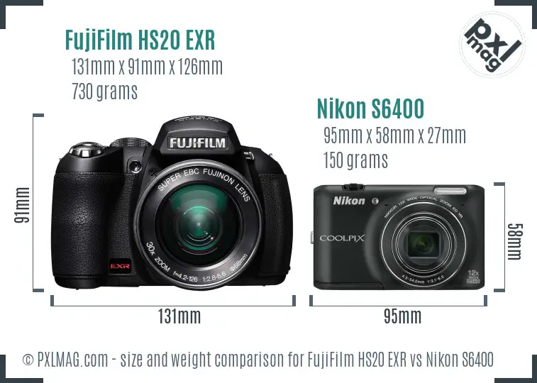 FujiFilm HS20 EXR vs Nikon S6400 size comparison