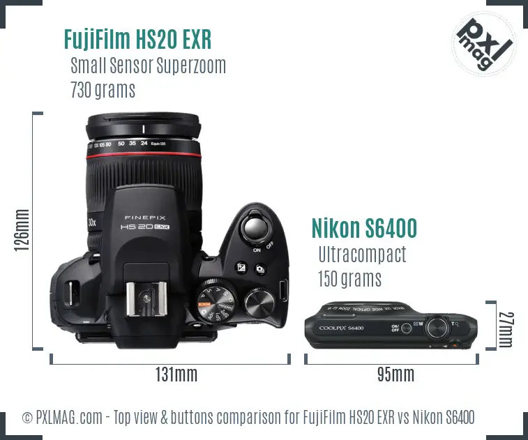 FujiFilm HS20 EXR vs Nikon S6400 top view buttons comparison