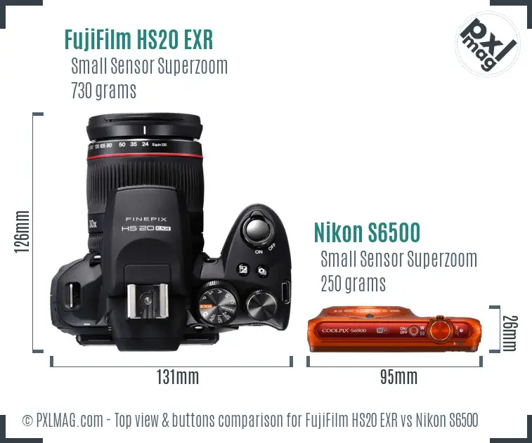 FujiFilm HS20 EXR vs Nikon S6500 top view buttons comparison