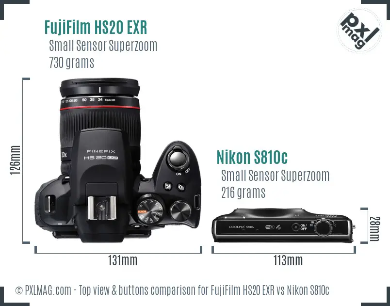 FujiFilm HS20 EXR vs Nikon S810c top view buttons comparison FujiFilm HS20 EXR vs Nikon S810c top view buttons comparison
