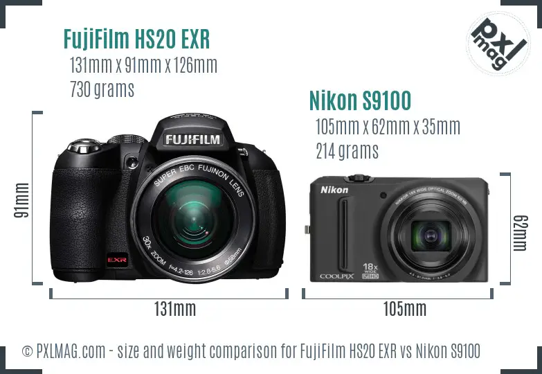 FujiFilm HS20 EXR vs Nikon S9100 size comparison FujiFilm HS20 EXR vs Nikon S9100 size comparison