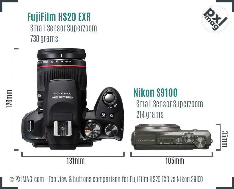 FujiFilm HS20 EXR vs Nikon S9100 top view buttons comparison FujiFilm HS20 EXR vs Nikon S9100 top view buttons comparison