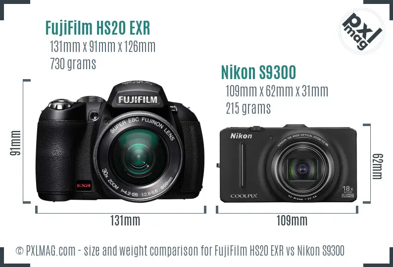 FujiFilm HS20 EXR vs Nikon S9300 size comparison
