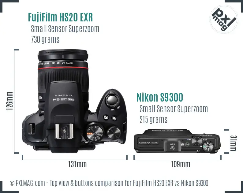 FujiFilm HS20 EXR vs Nikon S9300 top view buttons comparison