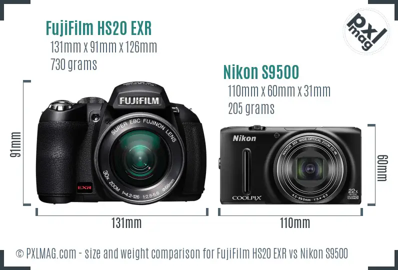 FujiFilm HS20 EXR vs Nikon S9500 size comparison