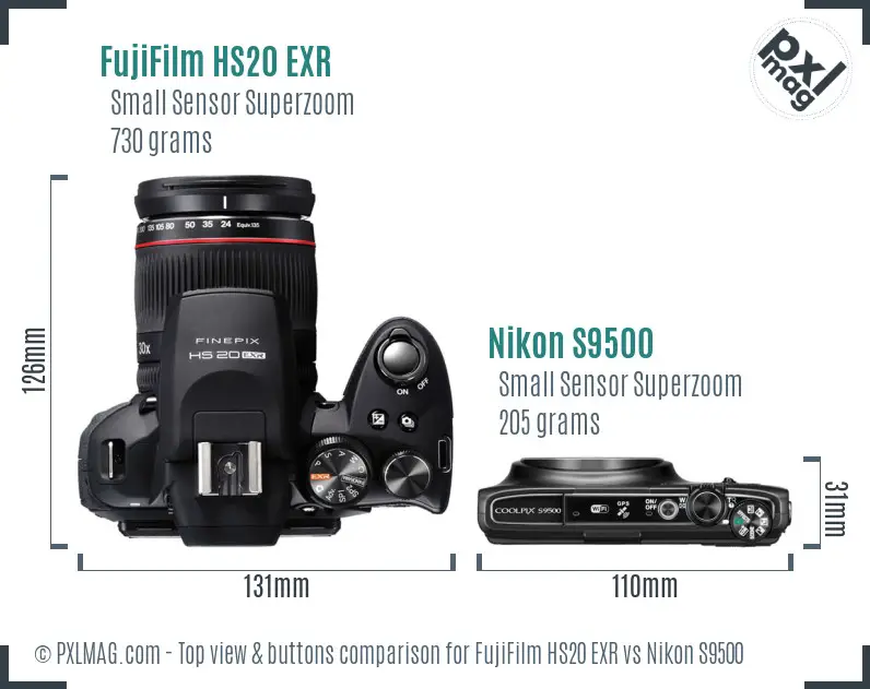 FujiFilm HS20 EXR vs Nikon S9500 top view buttons comparison