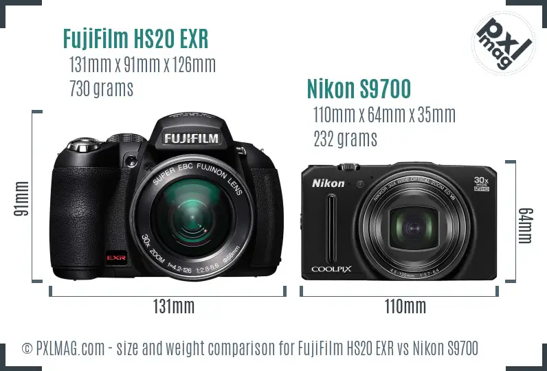 FujiFilm HS20 EXR vs Nikon S9700 size comparison FujiFilm HS20 EXR vs Nikon S9700 size comparison