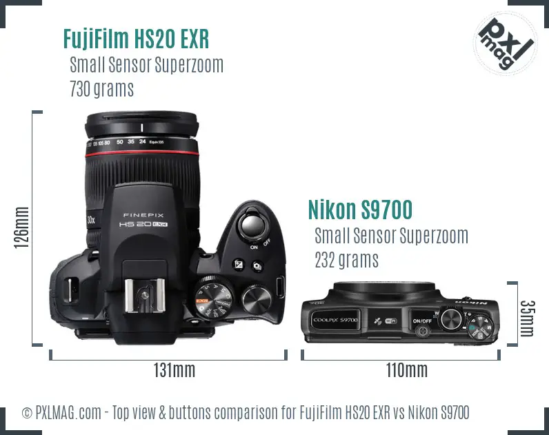 FujiFilm HS20 EXR vs Nikon S9700 top view buttons comparison FujiFilm HS20 EXR vs Nikon S9700 top view buttons comparison