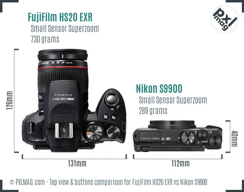 FujiFilm HS20 EXR vs Nikon S9900 top view buttons comparison