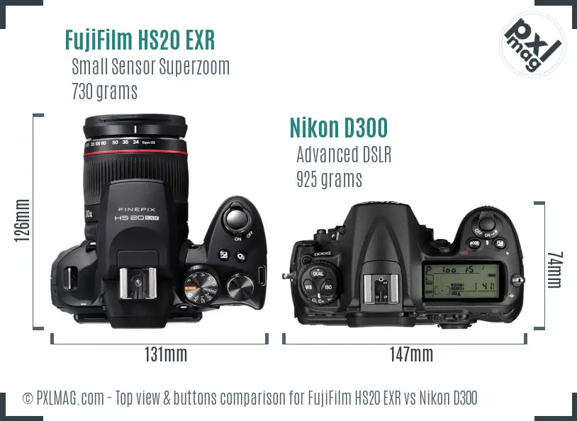 FujiFilm HS20 EXR vs Nikon D300 top view buttons comparison