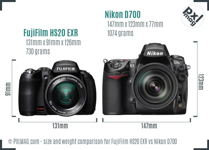 FujiFilm HS20 EXR vs Nikon D700 size comparison FujiFilm HS20 EXR vs Nikon D700 size comparison