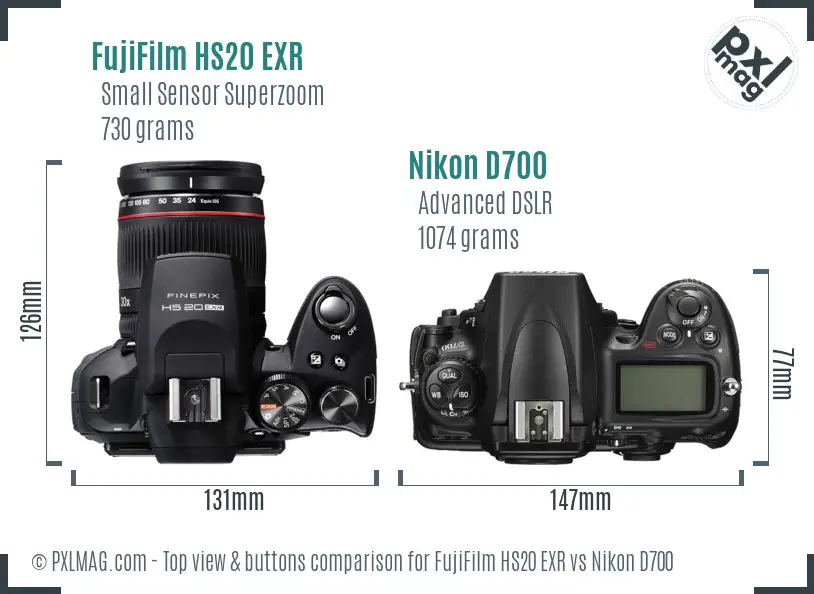 FujiFilm HS20 EXR vs Nikon D700 top view buttons comparison FujiFilm HS20 EXR vs Nikon D700 top view buttons comparison