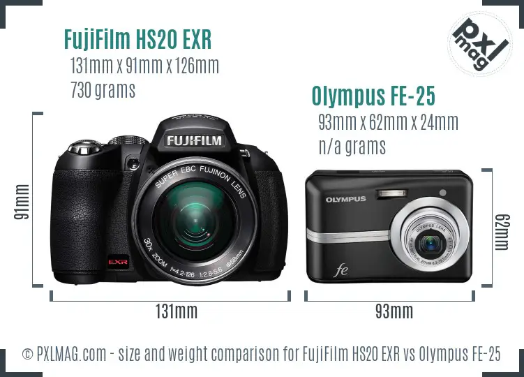 FujiFilm HS20 EXR vs Olympus FE-25 size comparison