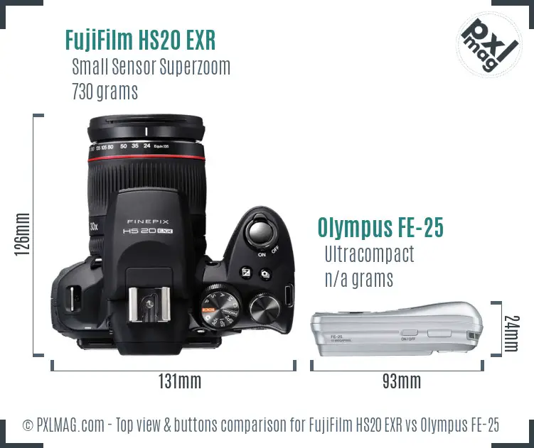 FujiFilm HS20 EXR vs Olympus FE-25 top view buttons comparison