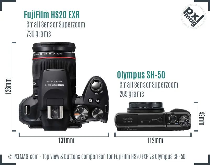 FujiFilm HS20 EXR vs Olympus SH-50 top view buttons comparison
