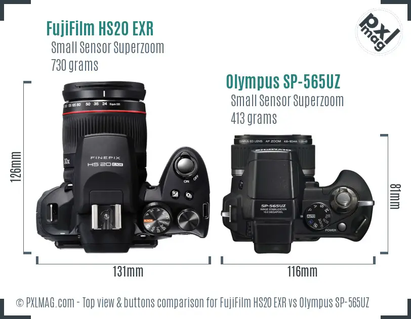 FujiFilm HS20 EXR vs Olympus SP-565UZ top view buttons comparison