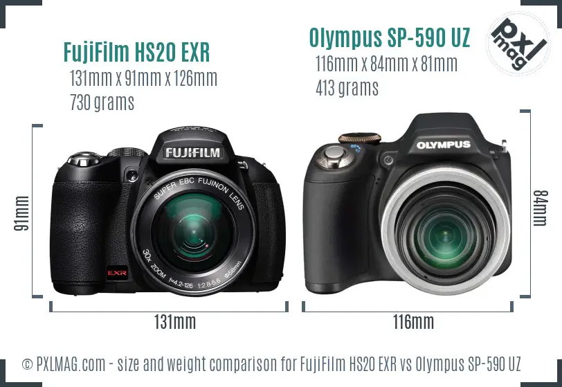 FujiFilm HS20 EXR vs Olympus SP-590 UZ size comparison