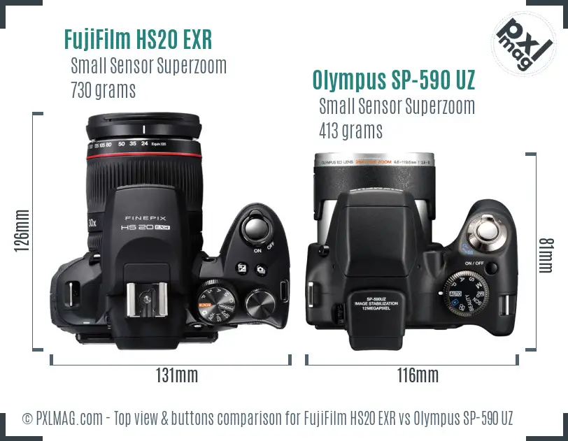 FujiFilm HS20 EXR vs Olympus SP-590 UZ top view buttons comparison