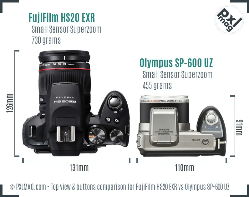 FujiFilm HS20 EXR vs Olympus SP-600 UZ top view buttons comparison FujiFilm HS20 EXR vs Olympus SP-600 UZ top view buttons comparison